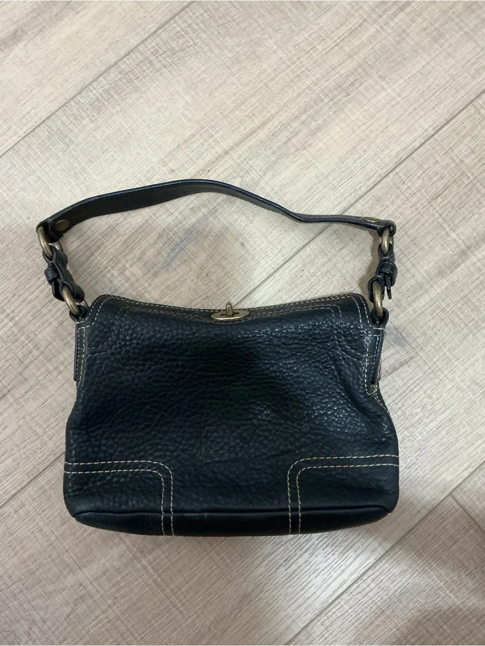 Coach Black Pebbled Leather Shoulder Bag with Contrast Stitching